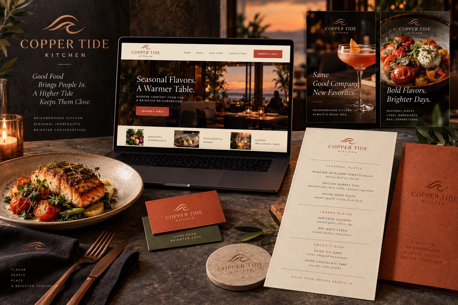 Copper Tide Kitchen concept presentation with restaurant branding, landing-page mockup, social advertising, menu design, and food photography