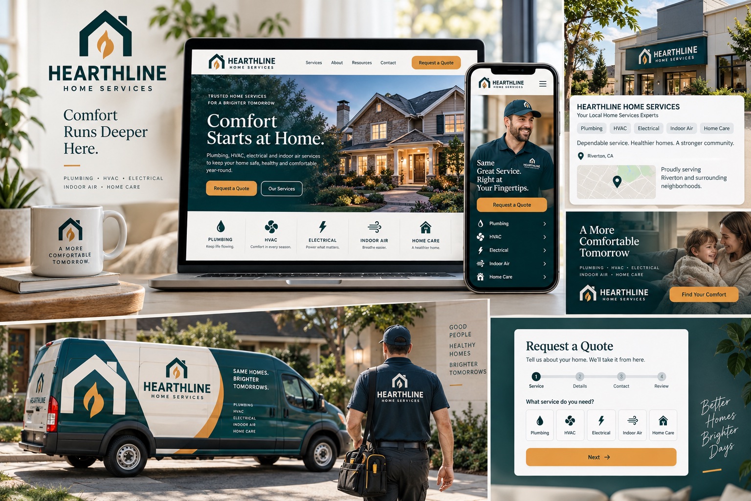 Hearthline Home Services concept presentation with responsive website, quote funnel, local search profile, advertising, vehicle branding, and technician uniform
