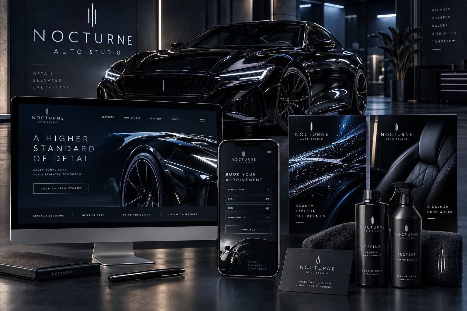 Nocturne Auto Studio concept presentation with luxury vehicle branding, responsive website, social advertising, detailing products, and mobile booking interface